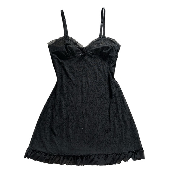 Y2K Black Leopard Print Sheer Mesh Lace Ruffle Trim Slip Mini Dress - Picture 2 of 6